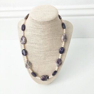 NWT Genuine Charoite, Crazy Lace Agate & Pearls Necklace Beaded Purple White